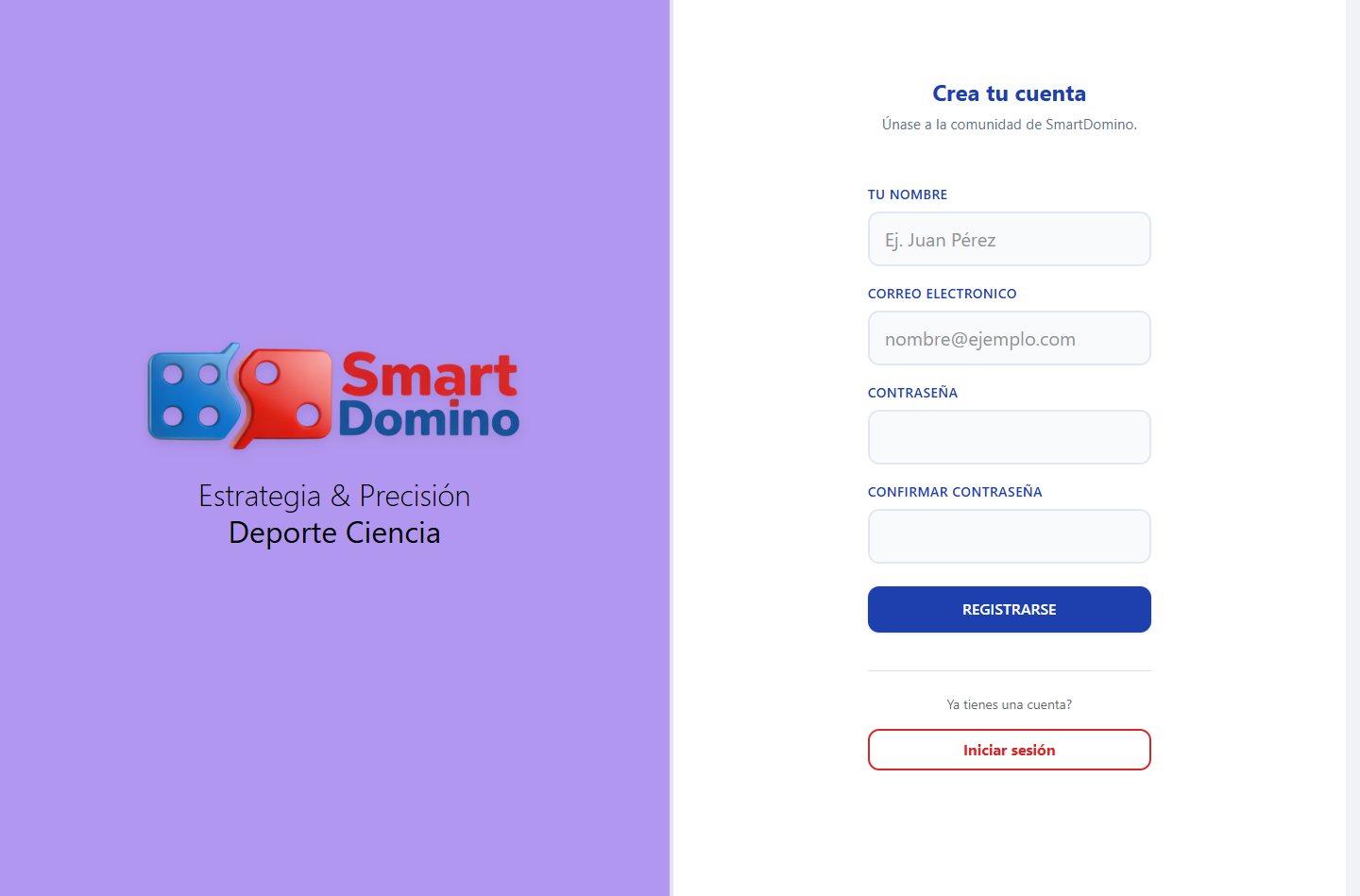Formulario real de registro con nombre, correo, contraseña y confirmación