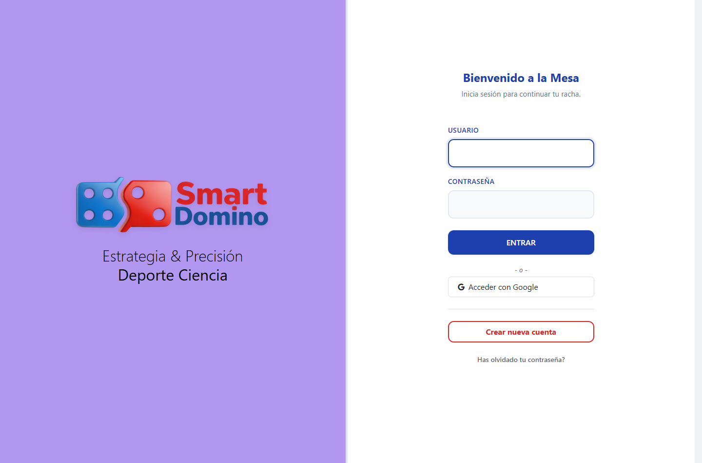 Inicio de sesión con usuario, contraseña y acceso mediante Google
