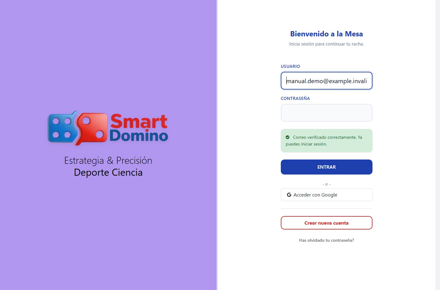 Inicio de sesión con mensaje de correo verificado correctamente