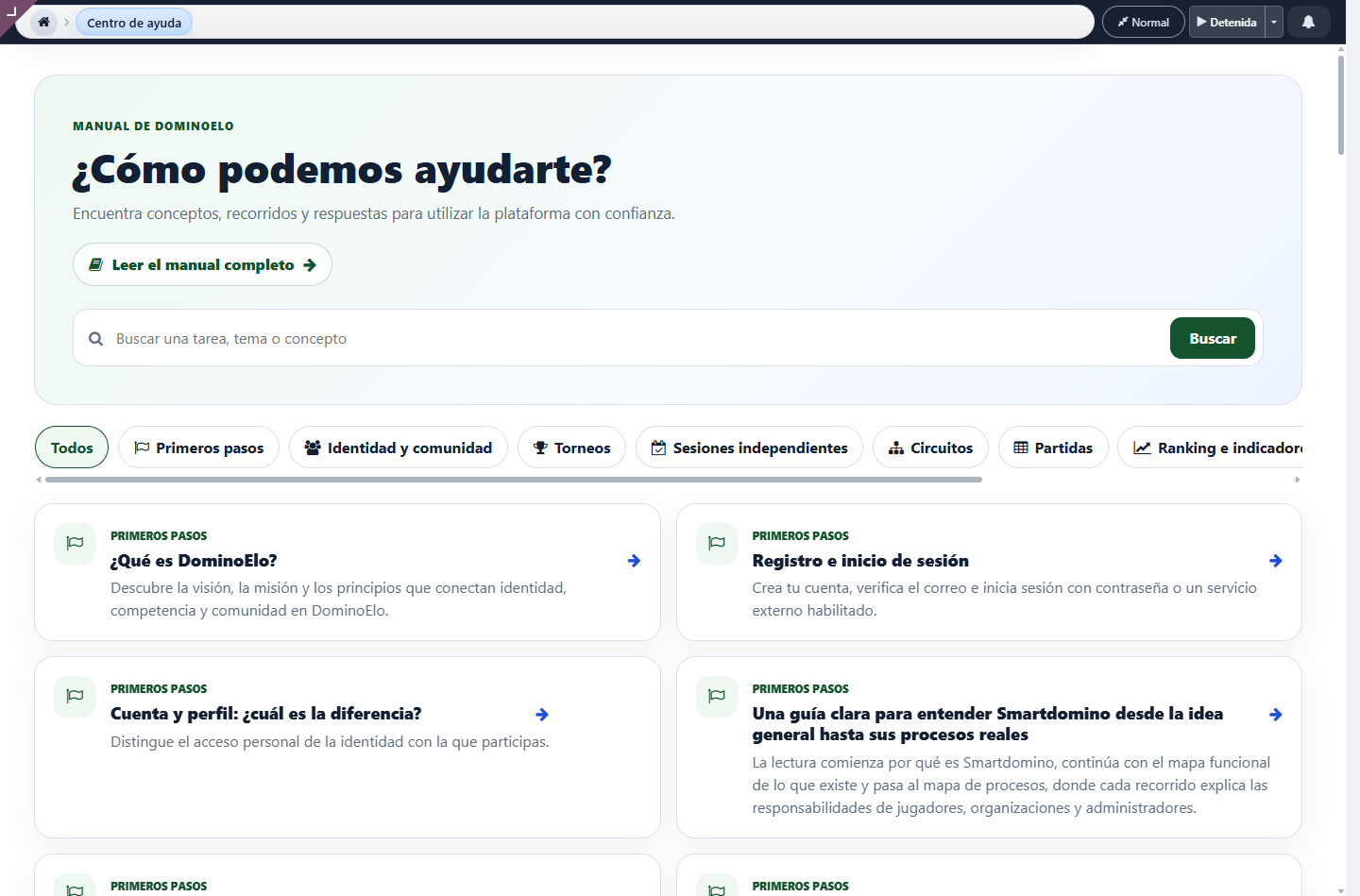 Centro de ayuda de Smartdomino con buscador, categorías, acceso al manual y tarjetas de artículos