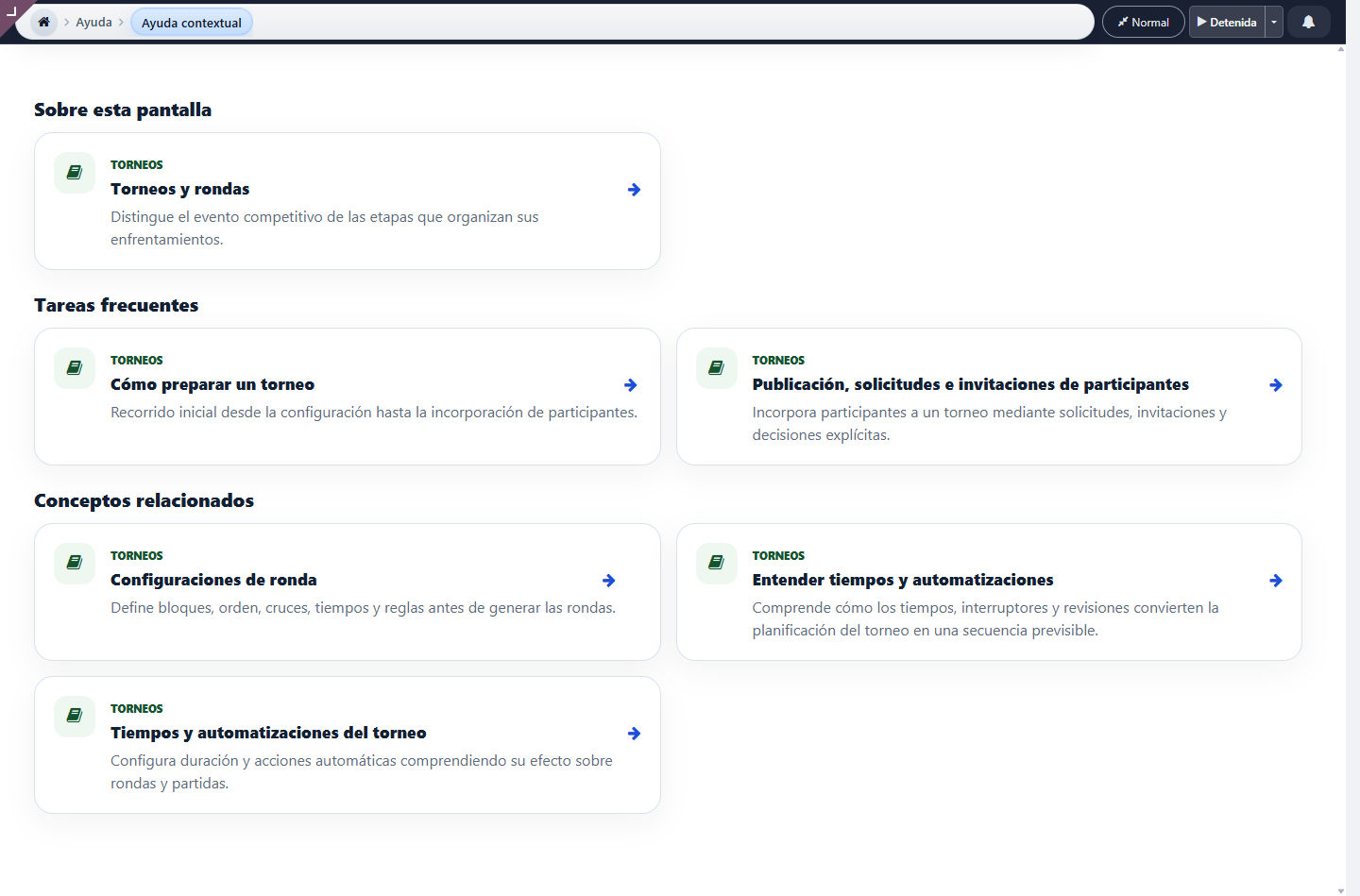 Ayuda contextual de torneos organizada en explicación de pantalla, tareas y conceptos relacionados