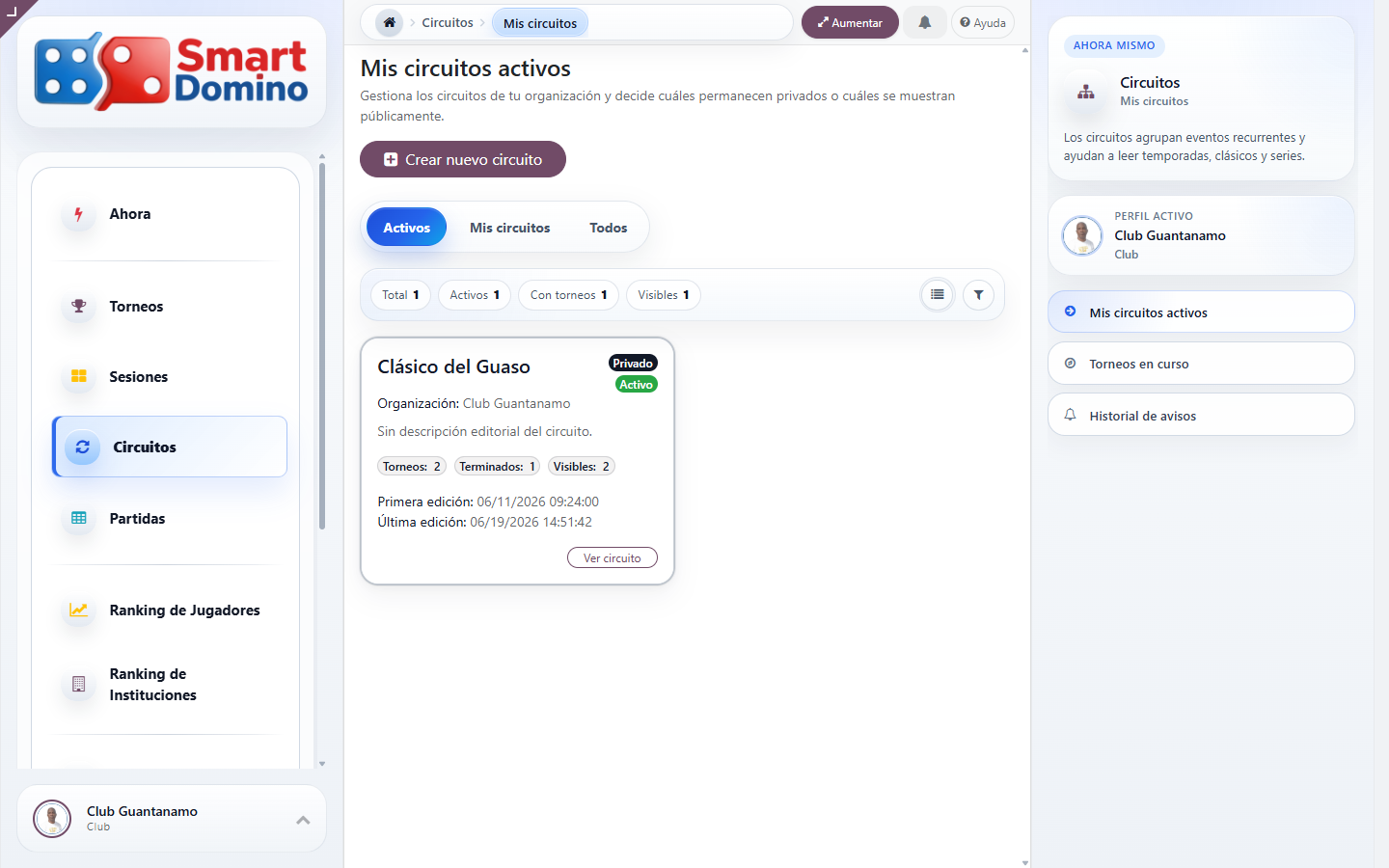 Listado de circuitos de una organización en Smartdomino