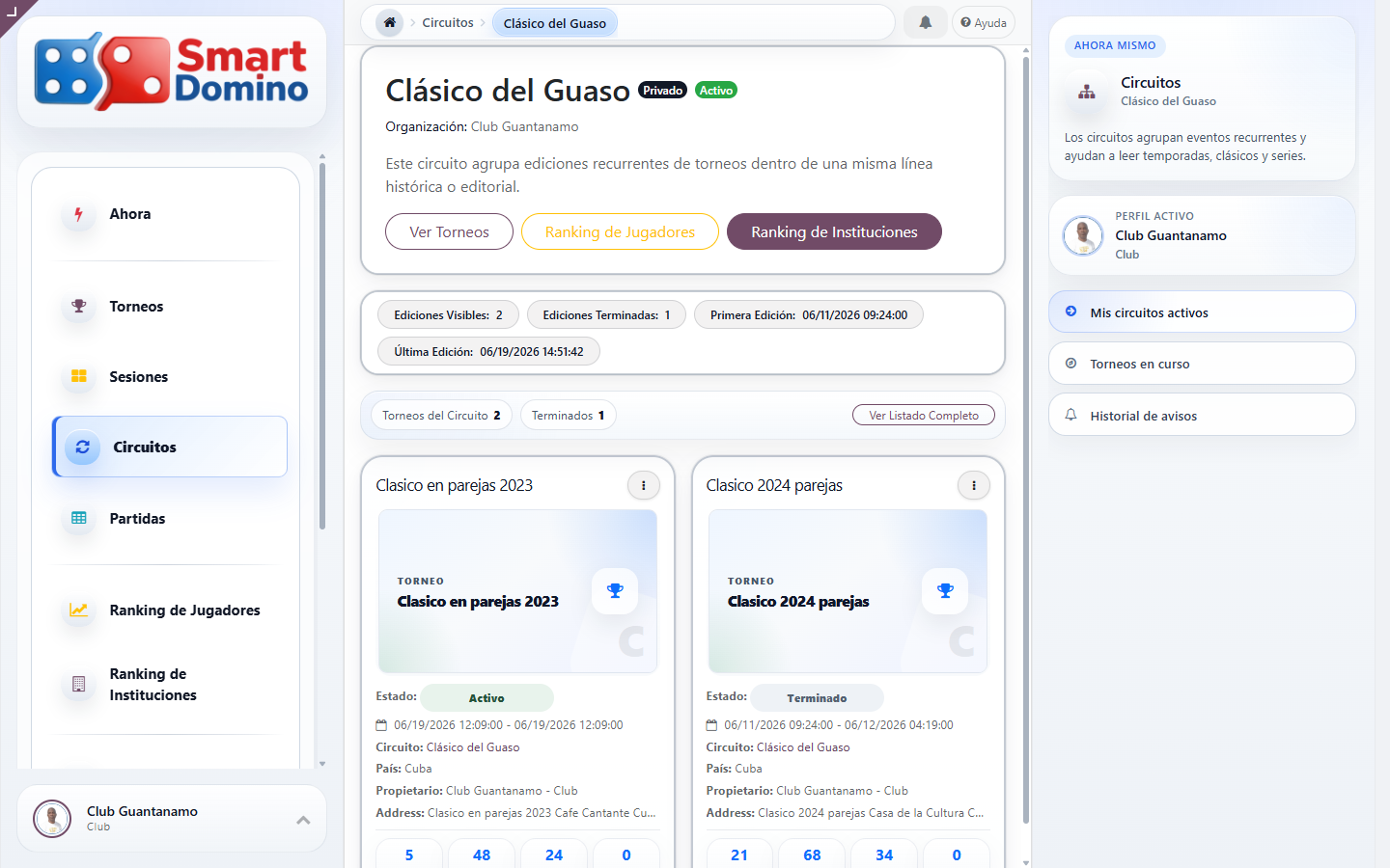 Detalle de un circuito con sus torneos asociados en Smartdomino