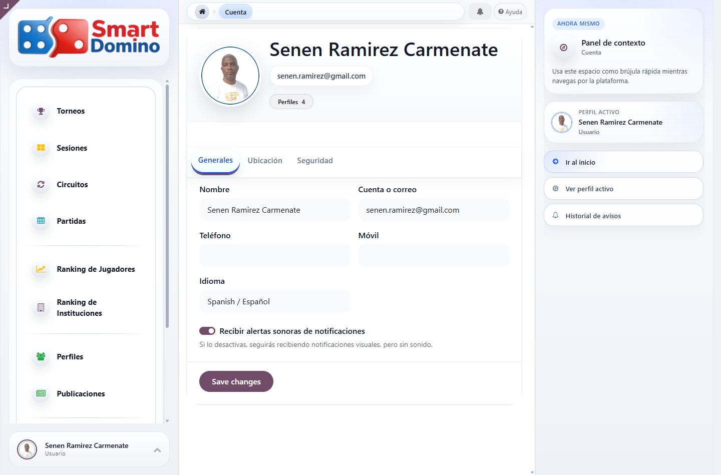 Administración de cuenta con datos generales, idioma, avatar y preferencia de sonido