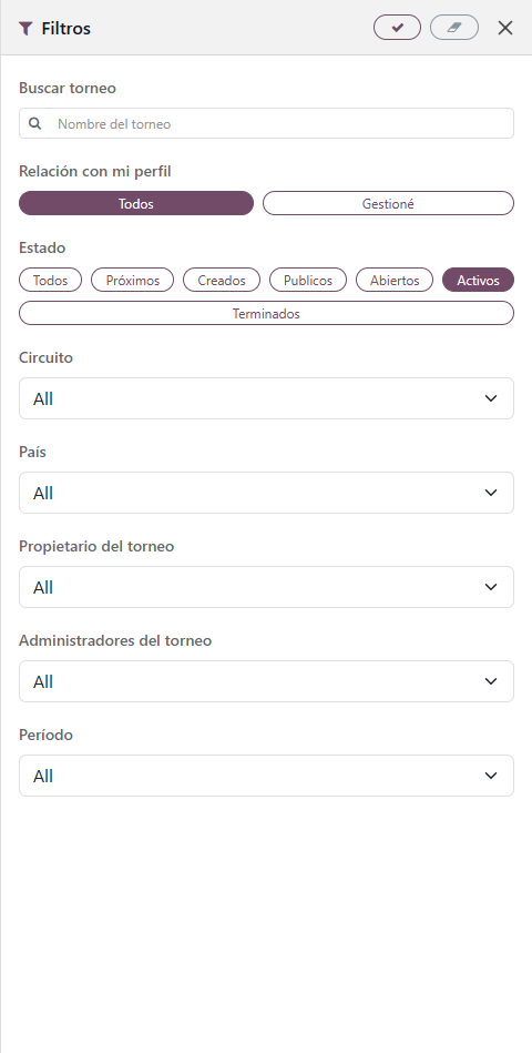 Panel avanzado de filtros de torneos con relación, estado, circuito, país y período
