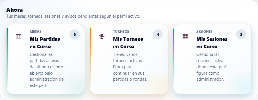 Now section with active matches, tournaments, and sessions for an administrator