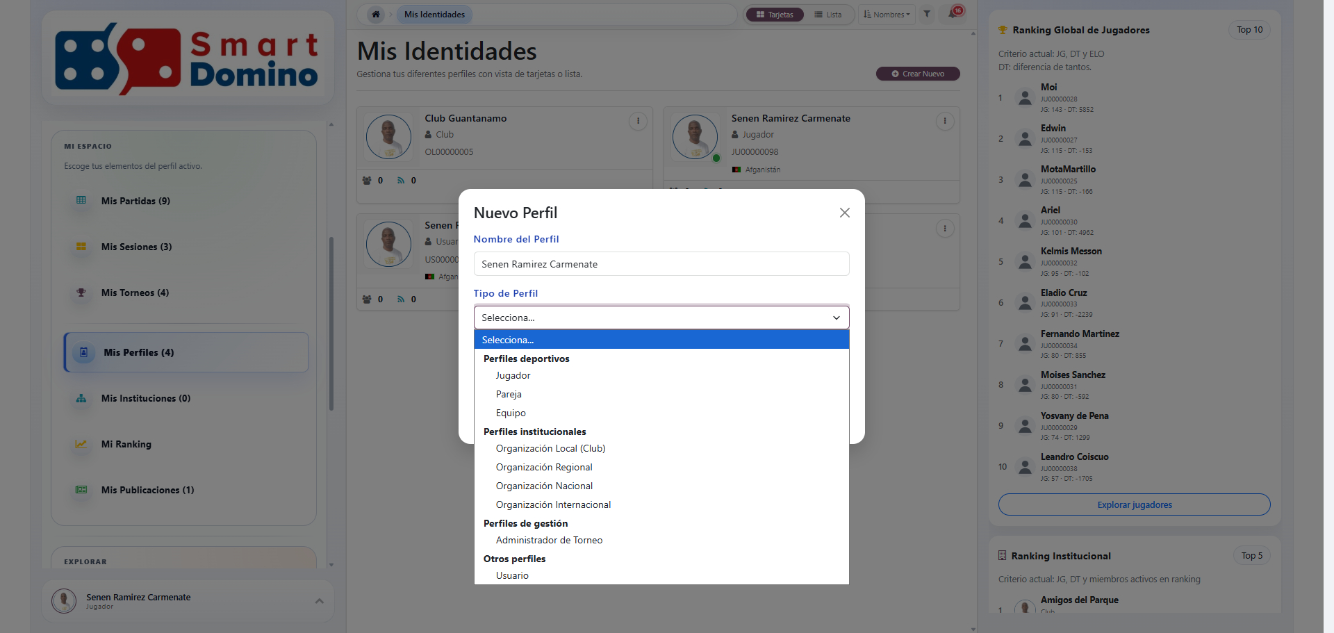 Selector de tipo de perfil agrupado