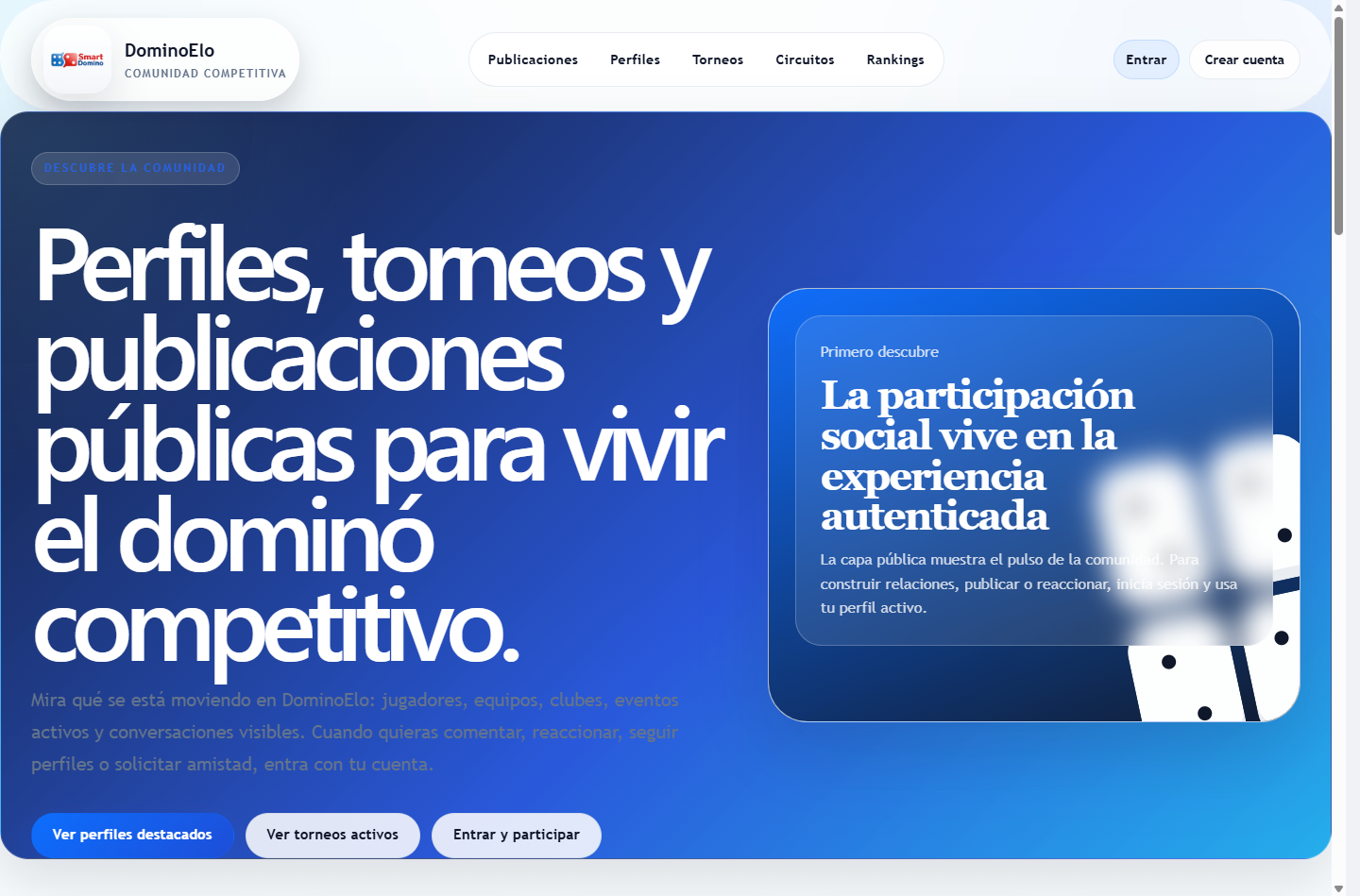 Portada pública de Smartdomino con navegación, indicadores y accesos a perfiles y torneos