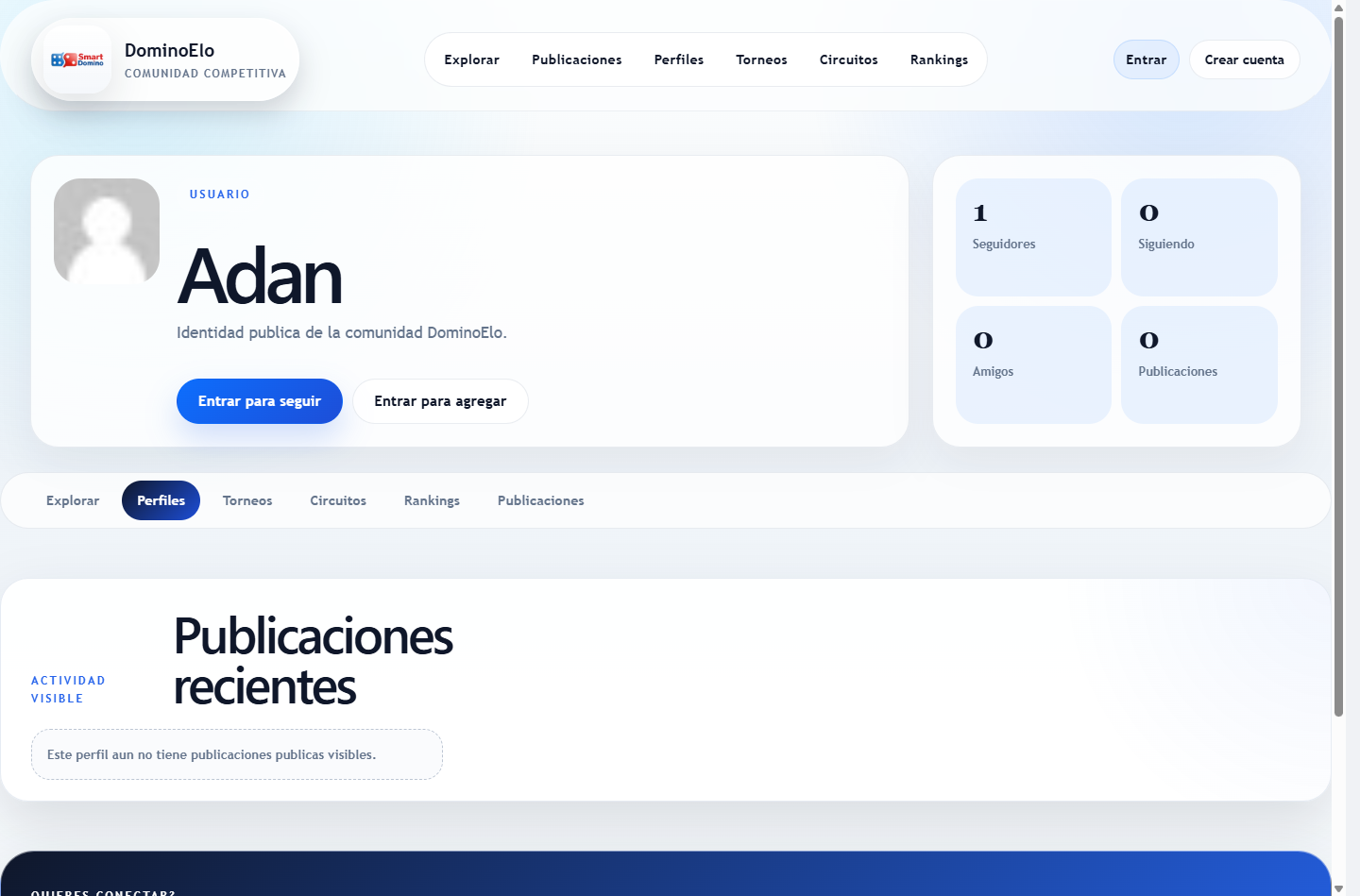 Detalle público de un perfil con identidad, contadores sociales y acciones que solicitan iniciar sesión