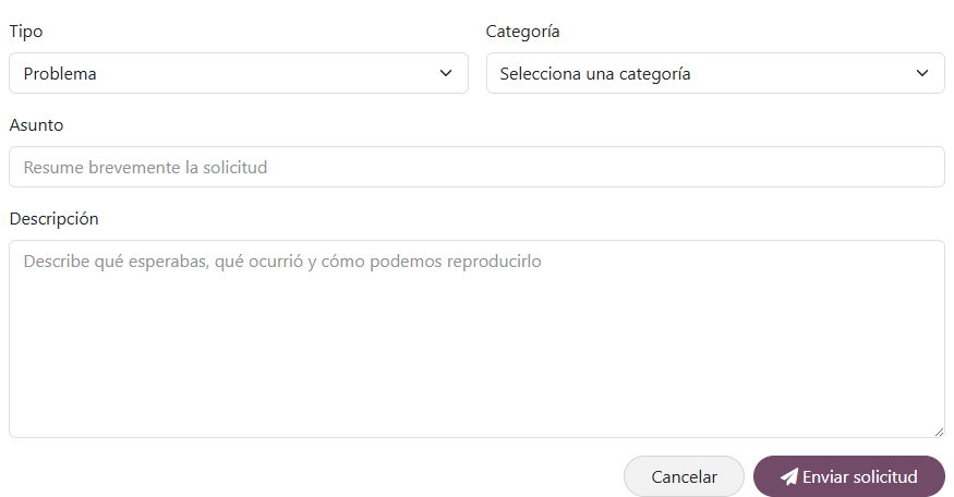 Support form with type, category, subject, and description