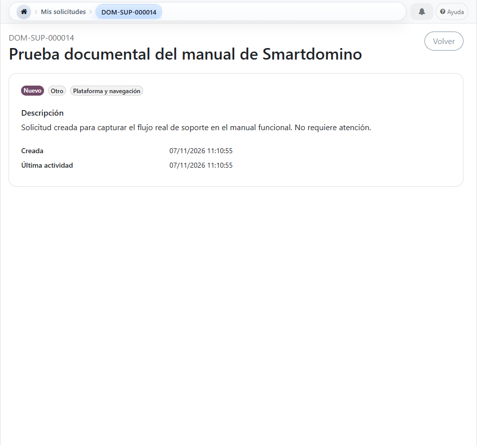 Support request details with reference, status, type, category, and latest activity