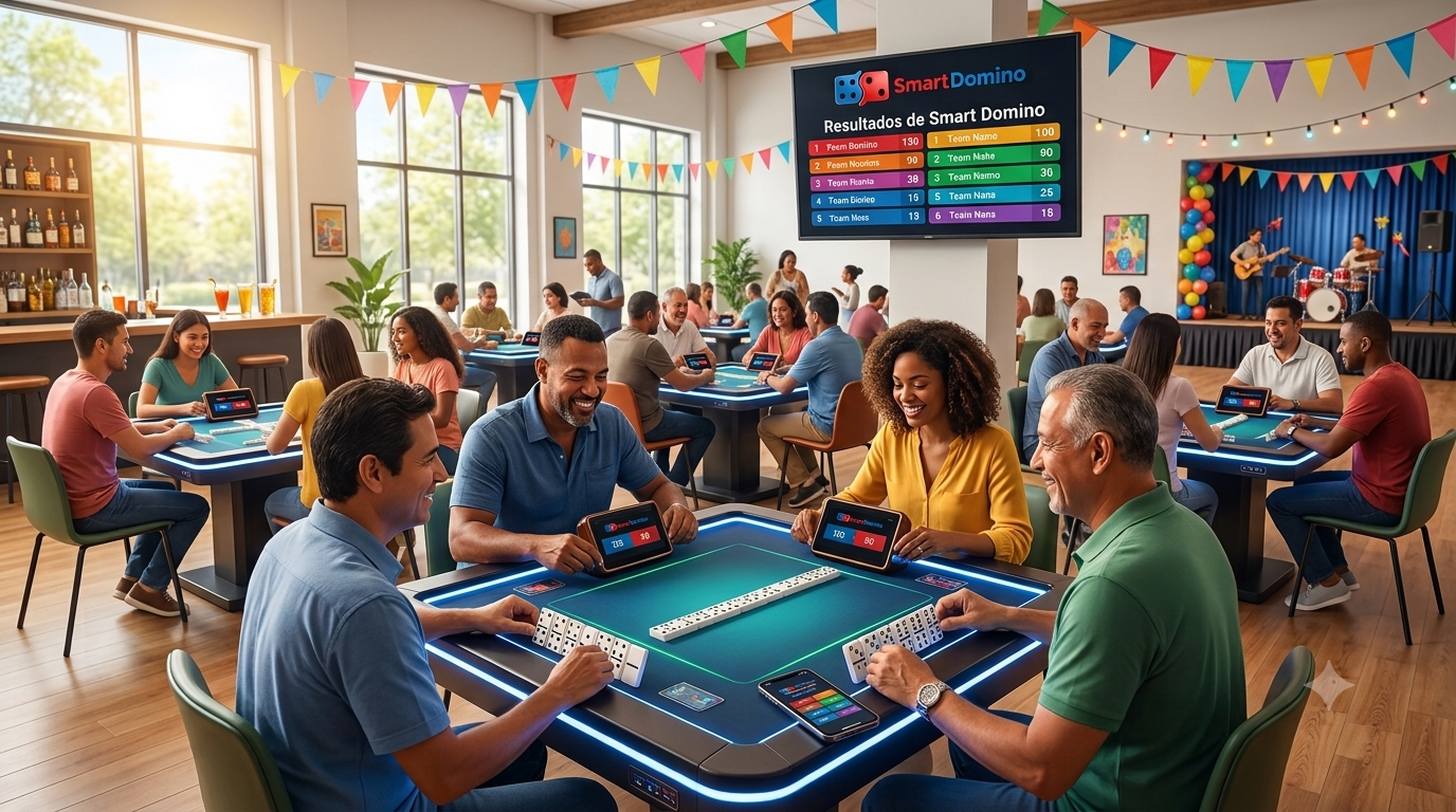 Amigos comparten una partida de dominó con resultados SmartDomino en pantallas